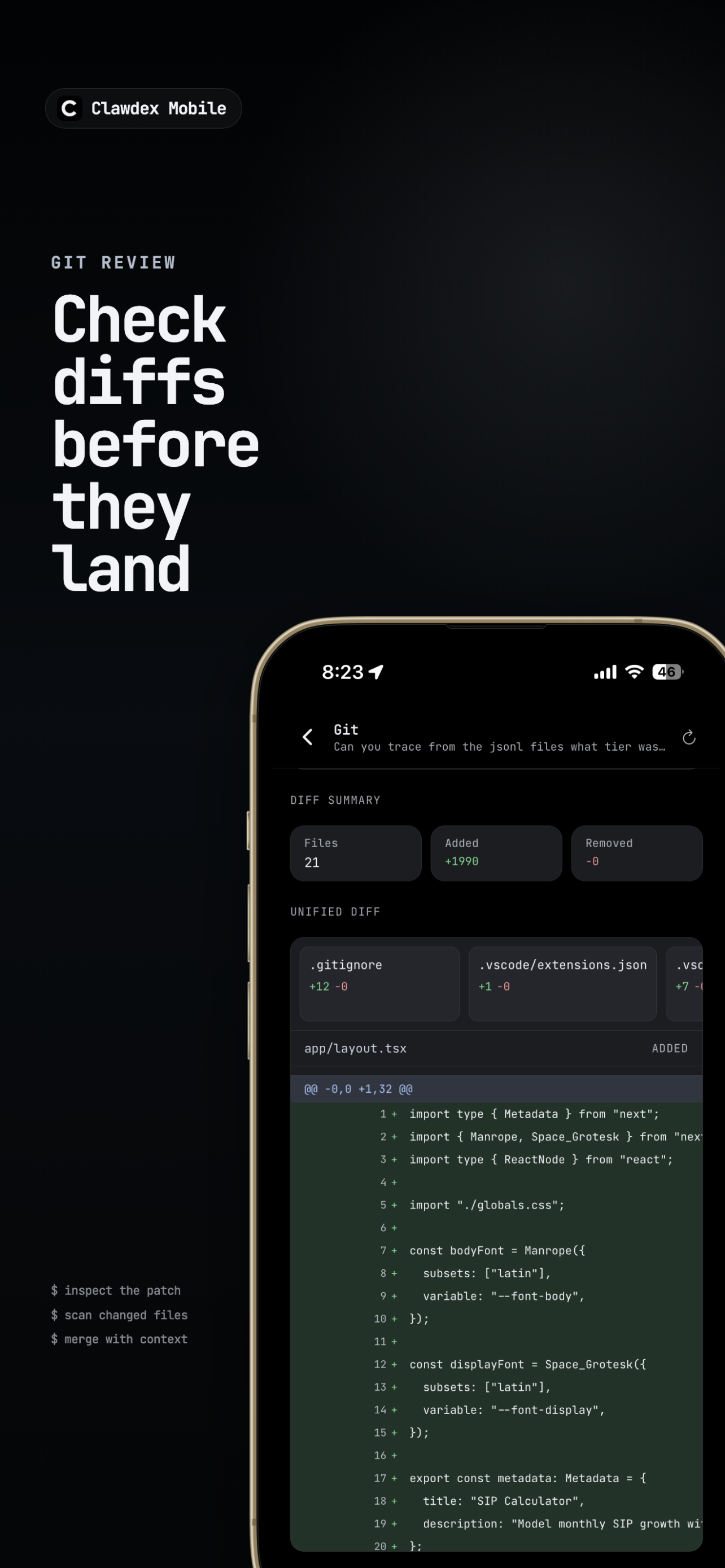 Clawdex Mobile App Store screenshot showing Git review workflows.