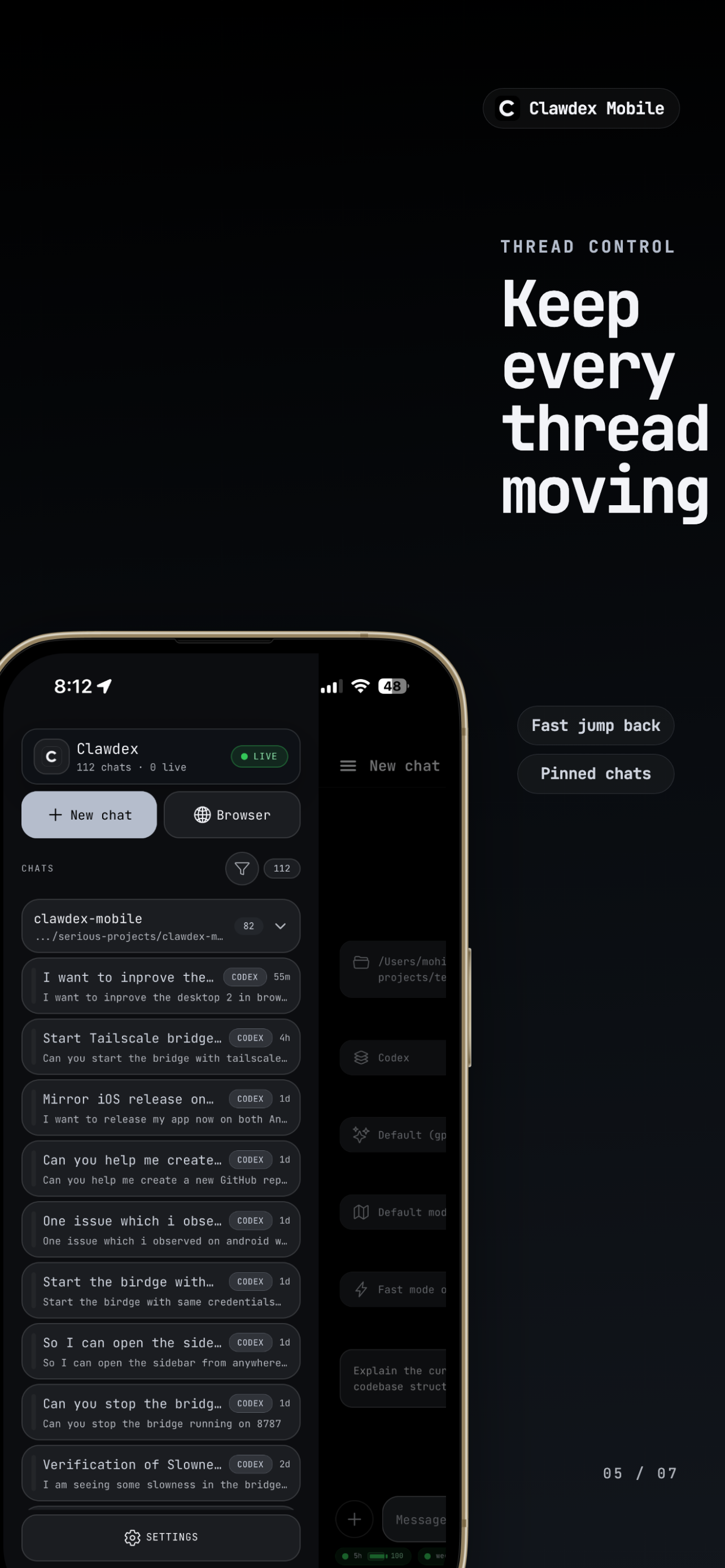 Clawdex Mobile App Store screenshot showing thread control workflows.
