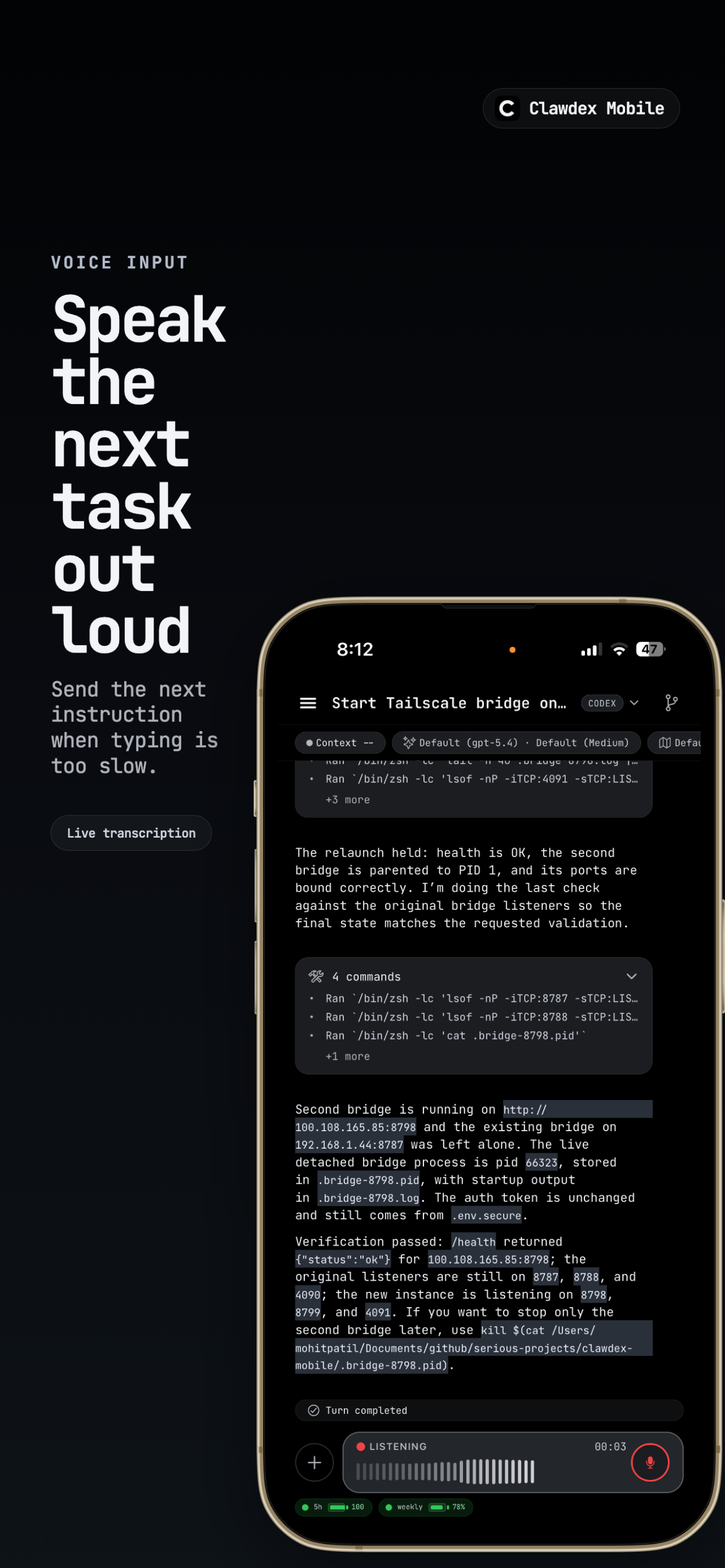 Clawdex Mobile App Store screenshot showing voice input.